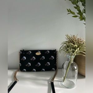 Coach Crossbody Bag - Black with Blue and white floral details. Fair condition